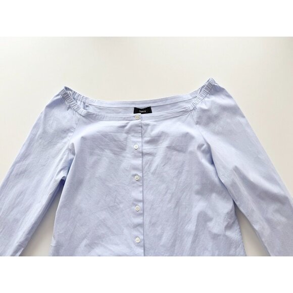 THEORY Auriana Blue Stretch Cotton Poplin Off Shoulder Button Up Shirt, Size L - Picture 7 of 15